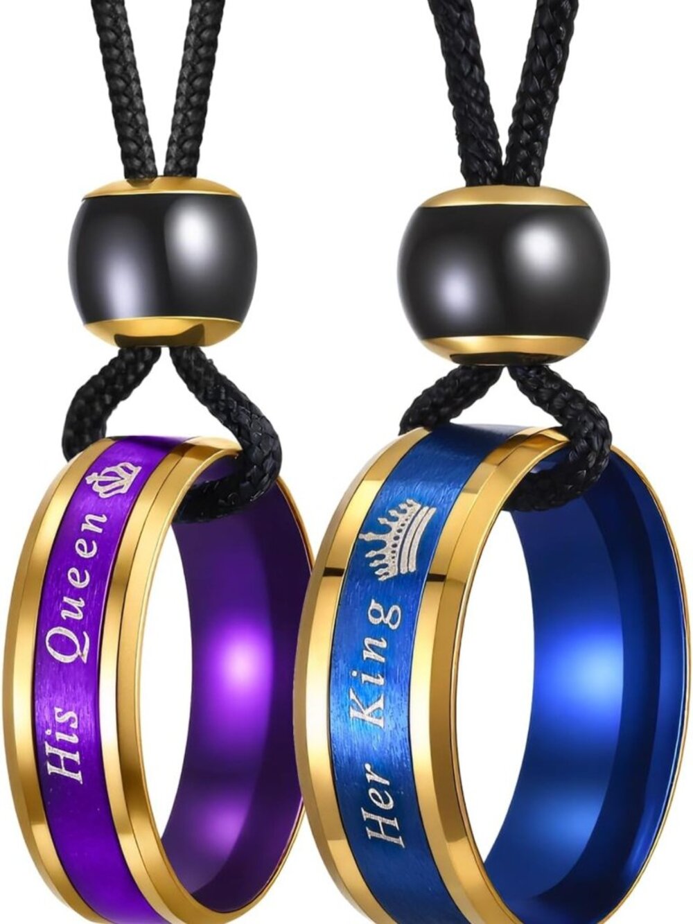 Couples Necklace Set - His Queen Her King, Purple & Blue Stainless Steel Rings